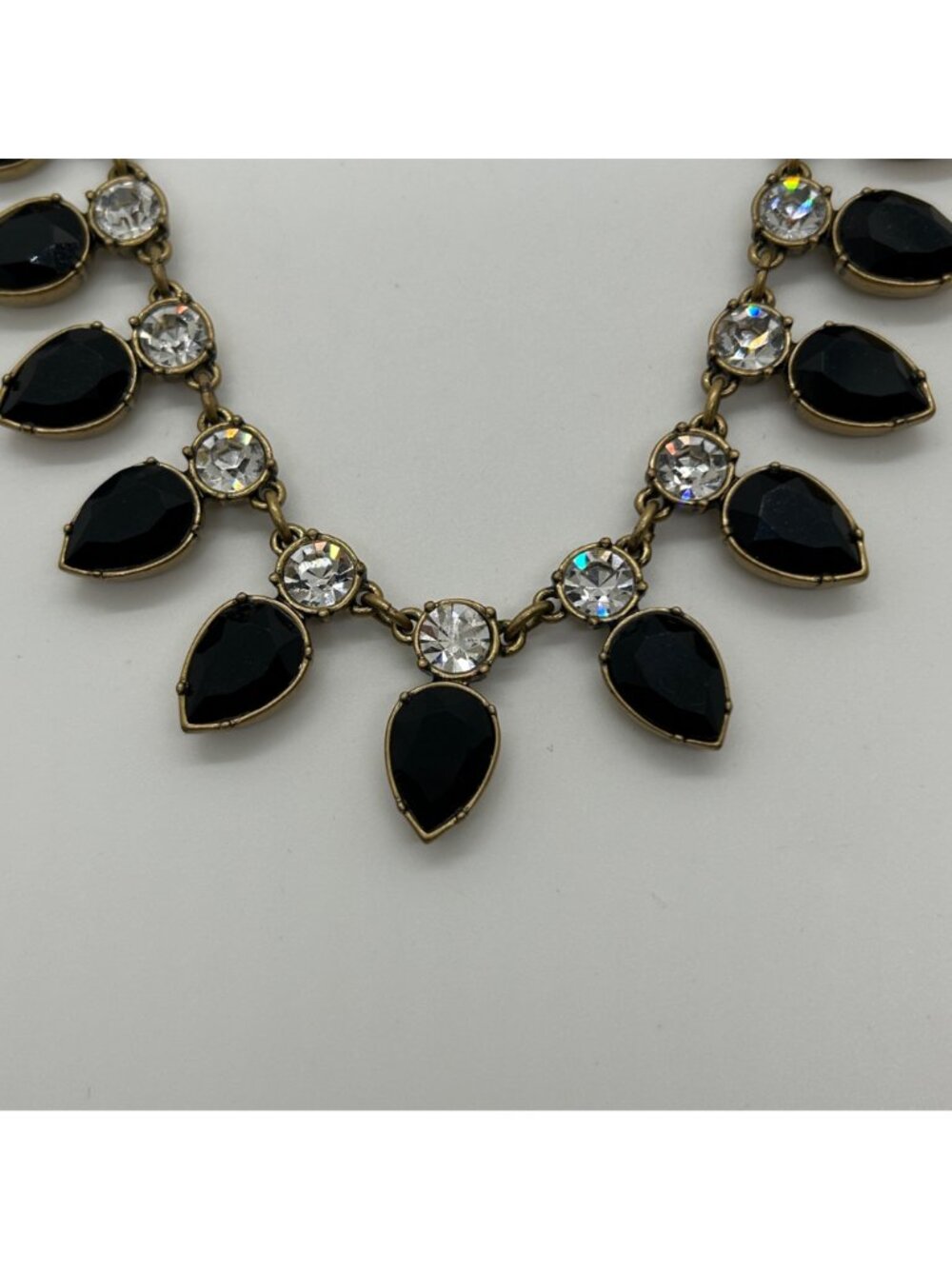 J.Crew Moody Black Necklace Teardrop Rhinestone Statement Antique Gold Bib - Picture 4 of 9